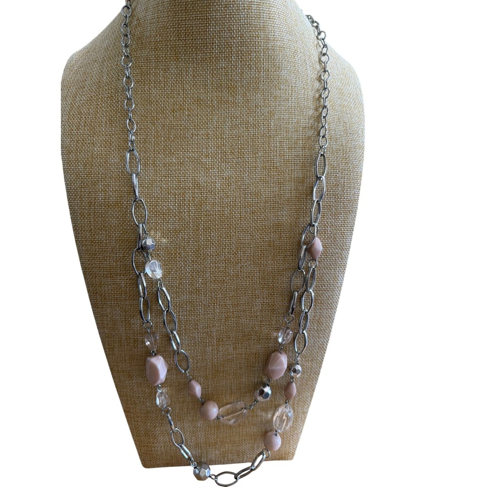 Silver Tone Double Strand Pink Clear Beaded Layered Necklace Layering Boho Chic